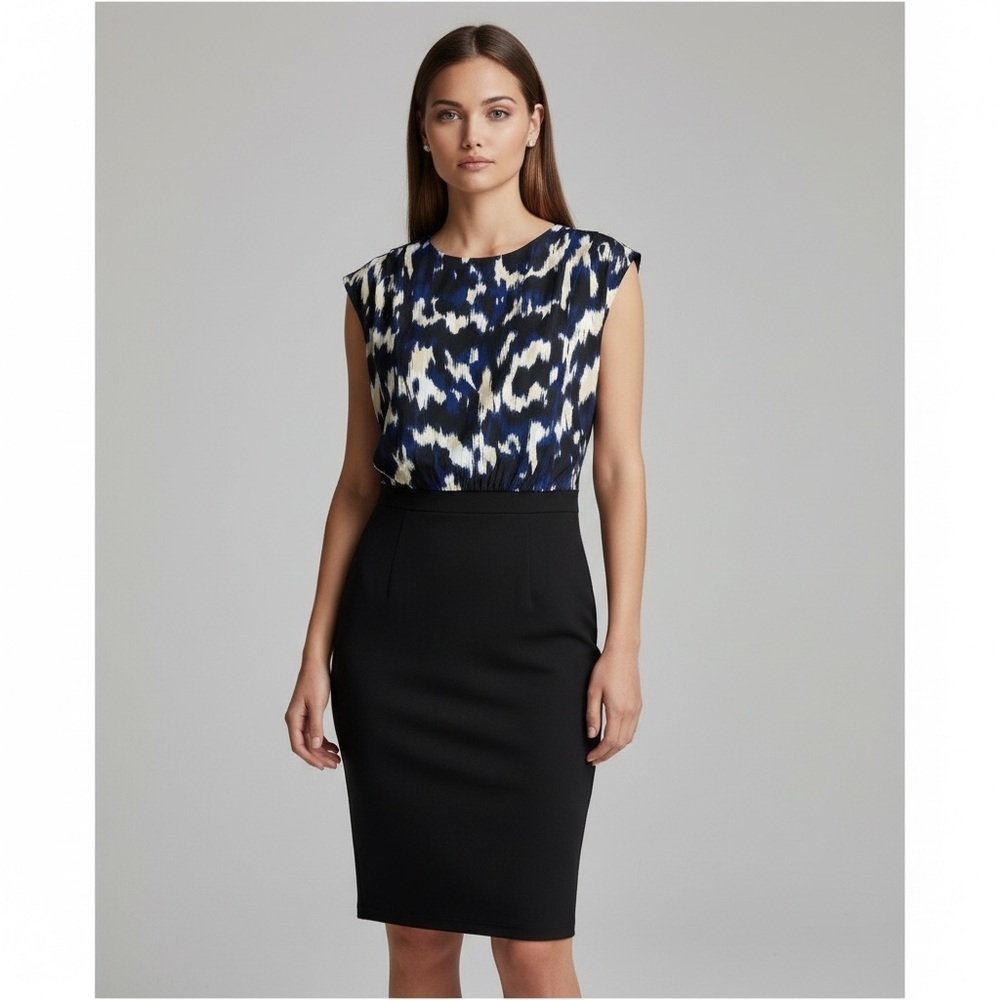 🌻NEW w/tag Tahari Draped Mock Neck Midi Sheath Dress Black/Blue Abstract Size M